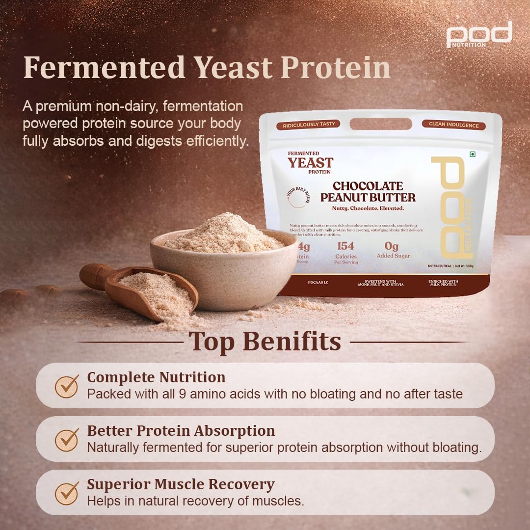 POD Nutrition Fermented Yeast Protein Blend | Chocolate Peanut Butter Flavor | 24g Protein, 0g Added Sugar, Gut-Friendly | Sweetened with Stevia & Monk Fruit | No Bloating, High Absorption | 500g
