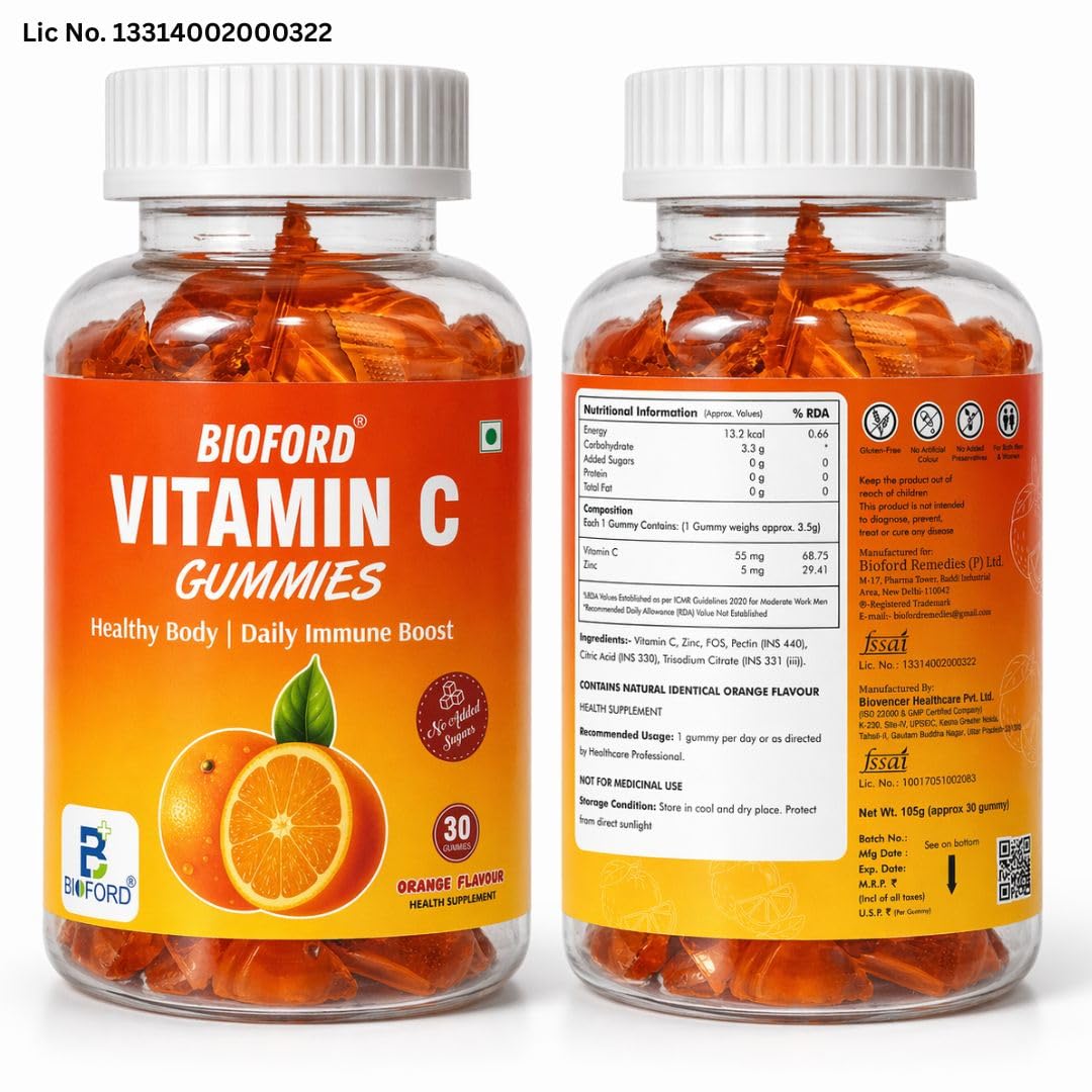 Bioford Vitamin C Gummies with Zinc for Daily Immunity Booster & Antioxidant Support Supplement for Healthy Skin, Hair & Nails, Skincare Orange Flavour Chewable Gummies,Nutraceutical Immune Support