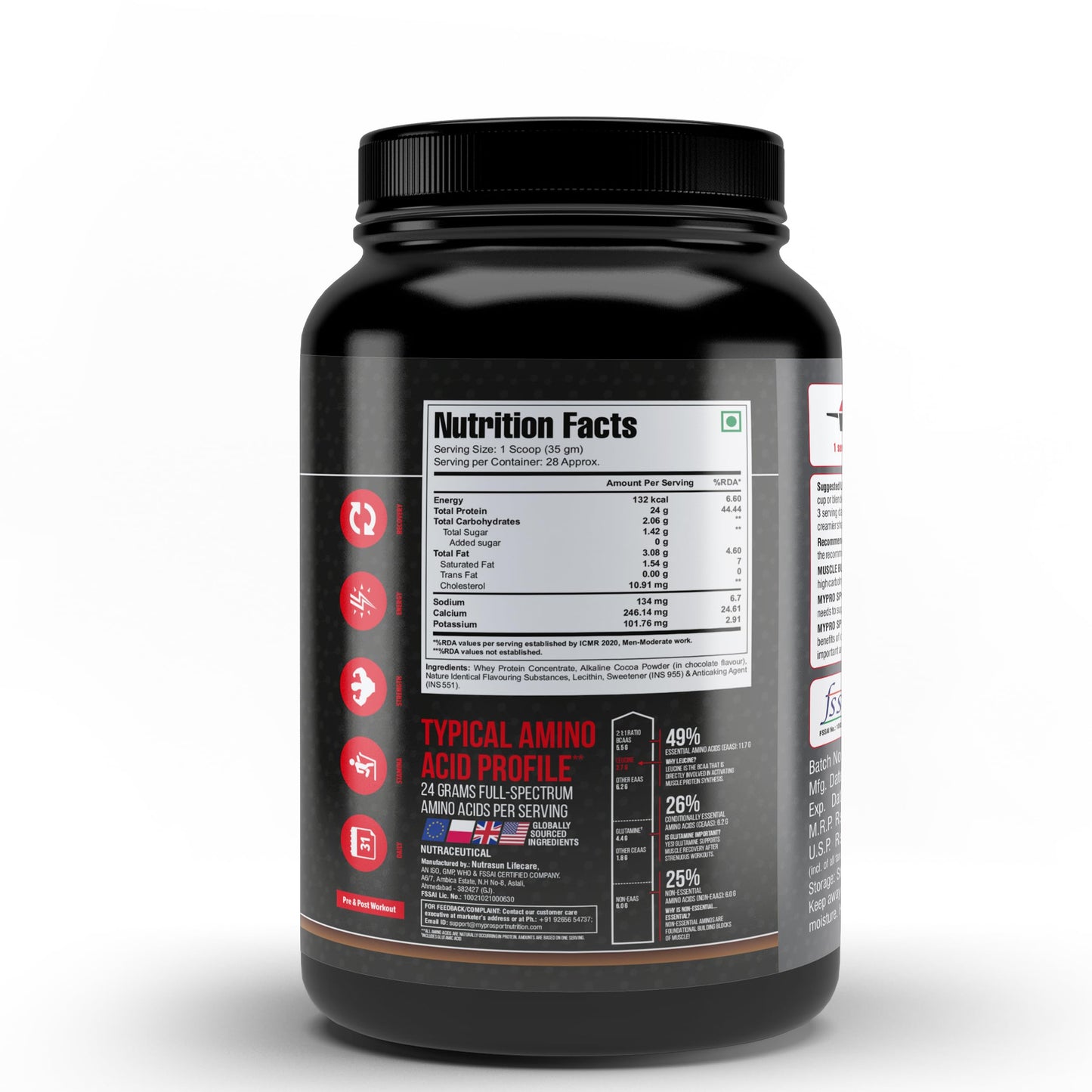 Mypro Sport Nutrition 100% Whey Protein Concentrate (24g Protein, 0g Sugar,5.5G BCAA,) Belgium Chocolate Flavor For Men And Women (1000 gm)