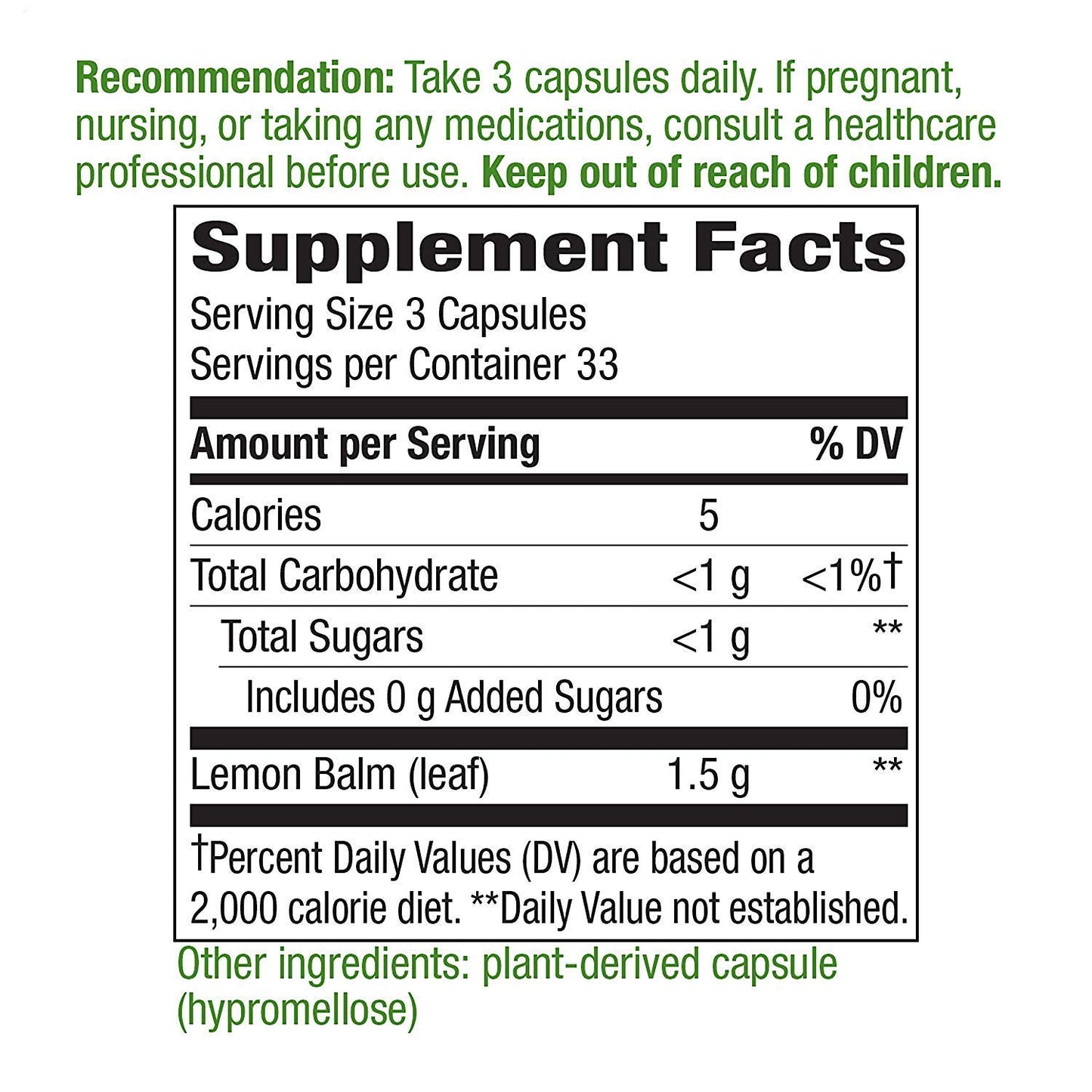 Nature's Way Melissa Lemon Balm Leaf 1500 mg 100 Vegetarian Capsules- image 4