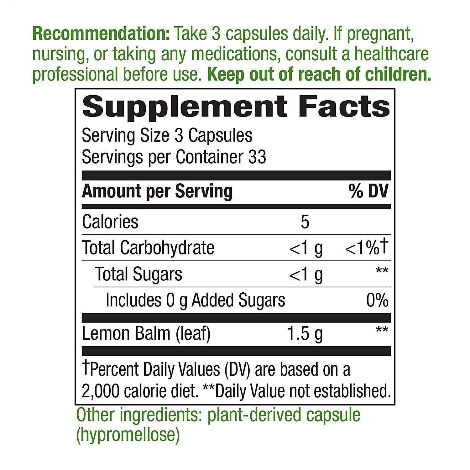 Nature's Way Melissa Lemon Balm Leaf 1500 mg 100 Vegetarian Capsules- image 4