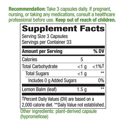 Nature's Way Melissa Lemon Balm Leaf 1500 mg 100 Vegetarian Capsules- image 4