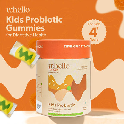 Whello Kids Probiotic Gummies for 4+ Years | Digestive Health & Gut Microbiome Support | No Added Sugar | Orange Flavour | 30 Gummies | Daily Health Supplement for Kids