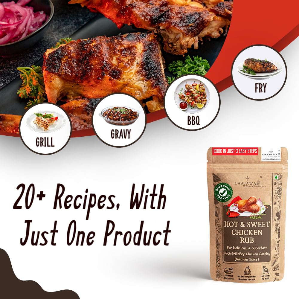 Laajawab Hot & Sweet Barbeque Marinade Rub For Superfast & Delicious Bbq, Grill Chicken Preparation | Natural Spices, Get Tender & Juicy Chicken In 10 Mins, 130 gram
