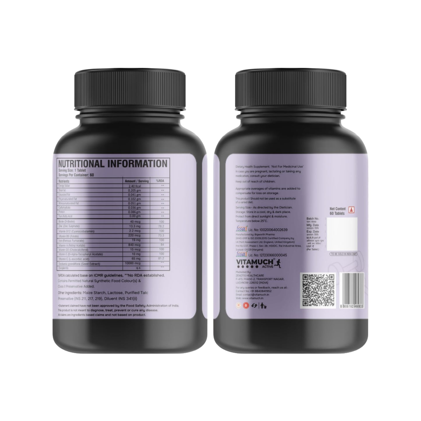 Vitamuch Biotin Plus Tablets with Zinc Iron Vitamins A C D3 E B12 Folic Acid | Hair Skin Nails Support Supplement | 60 Tablets