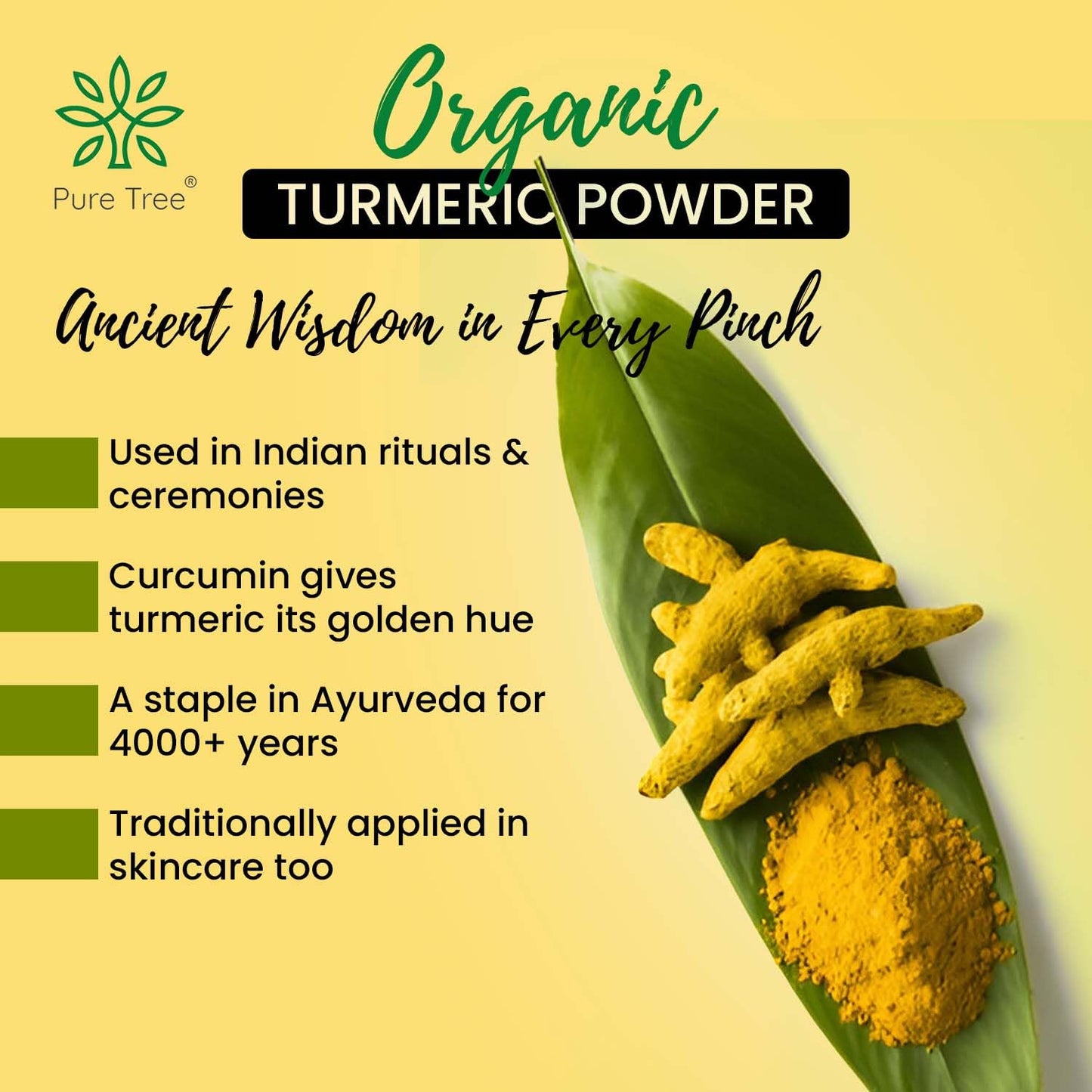 Pure Tree Certified Organic Haldi Powder | 80 g | Glass Jar | Turmeric Powder | Spice Masala Powder Raw for Milk | Strong Antioxidant