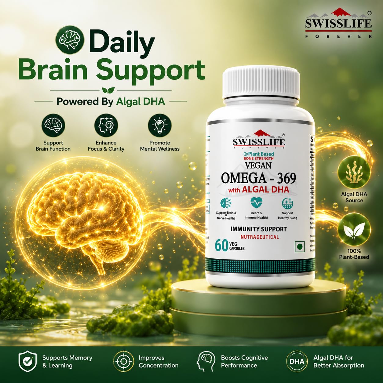 SwissLife Forever Plant Based Vegan Omega 3 6 9 with Algal DHA | Support Brain, Nerve, Heart & Immune Health | Healthy Skin for Men & Women (60 Capsules)