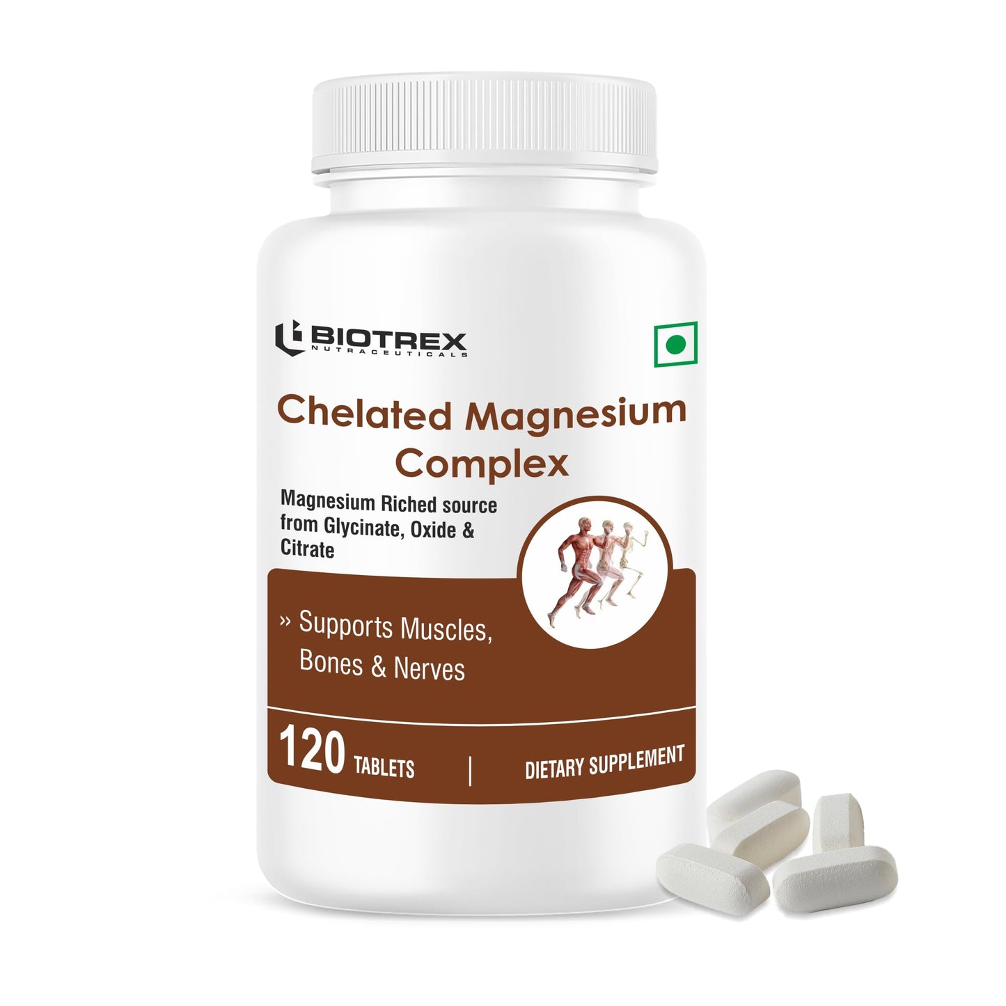 Biotrex Nutraceuticals Chelated Magnesium Complex, Magnesium Riched Source From Glycinate, Oxide & Citrate, Supports Bone, Muscle & Nerves Health - 120 Vegetarian Tablets