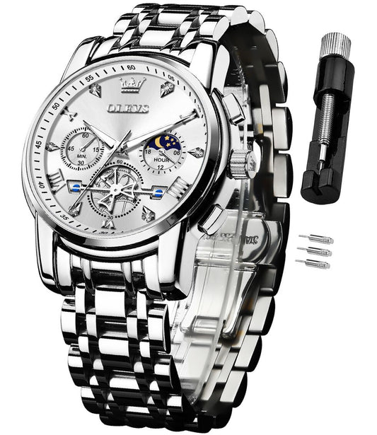 OLEVS Watch for Men Skeleton Analog Quartz Chronograph Diamond Watches Stainless