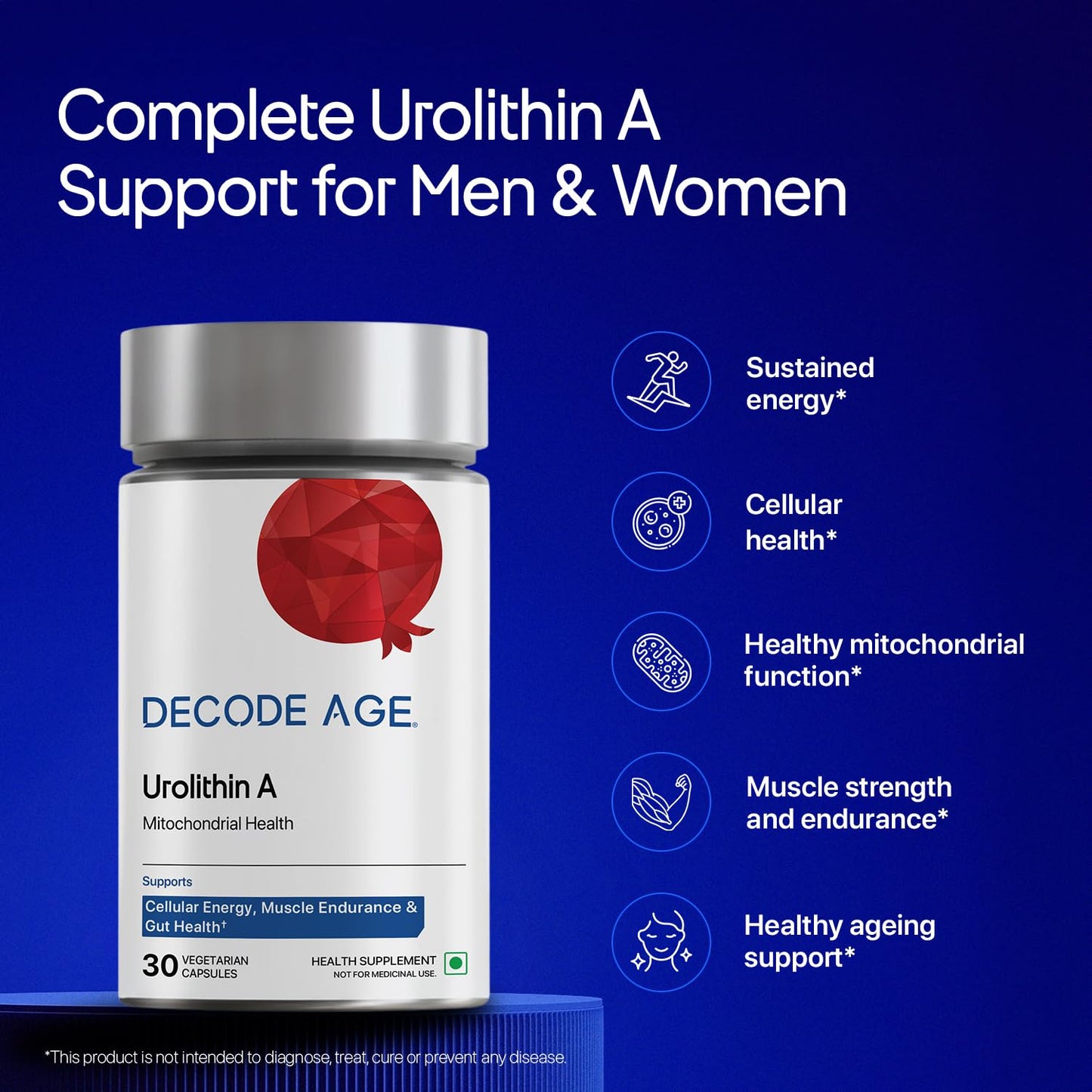 Decode Age Urolithin A 500 mg | Clinically Studied Longevity Supplement for Strength, Endurance & Cellular Renewal | Non-GMO | Urolithin A Supplement for Men and Women