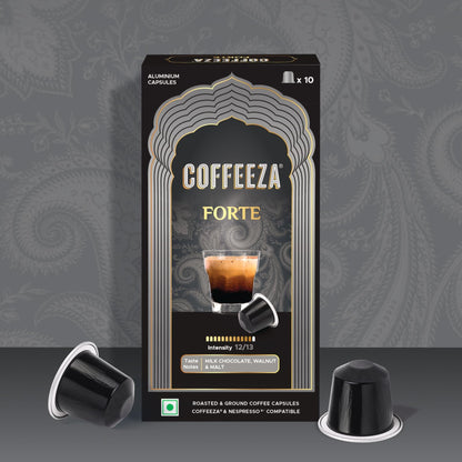 COFFEEZA Forte Aluminium Coffee Capsules, Intensity 12/10 - Nespresso Compatible Coffee Pods (Box Of 10), 90 Gram
