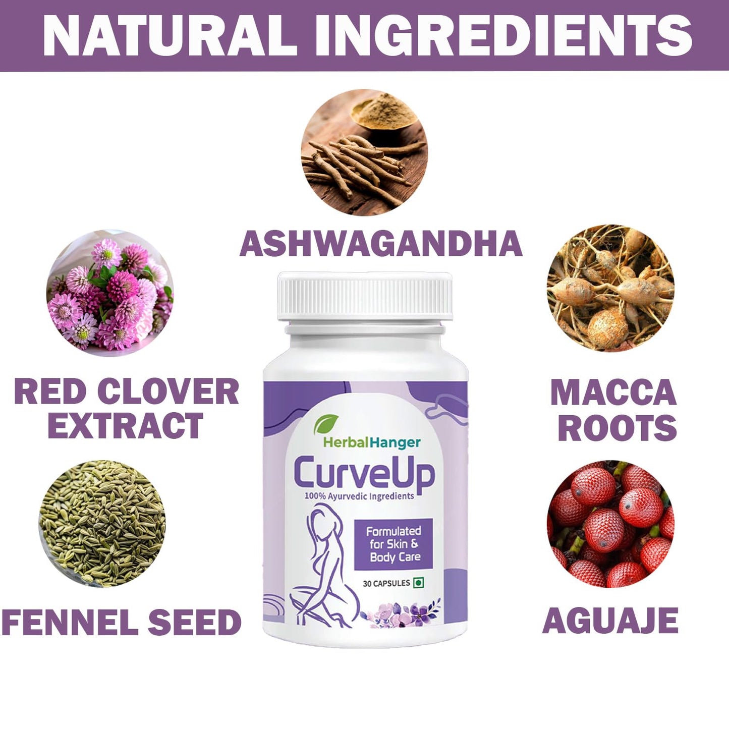 Herbal Hanger CurveUp Natural Hip Capsules, 30 Count, Ayurvedic Formula, 500mg Capsules with Jadhwar and Isabgol for Body Caree and Healthy Weight Supporrt