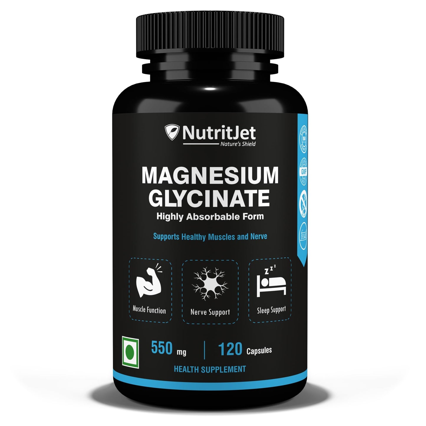 NutritJet High Absorption Magnesium Glycinate 550mg -120 Veg Capsules - Supports Muscle, Joints, Heart Health & Sleep For Men & Women