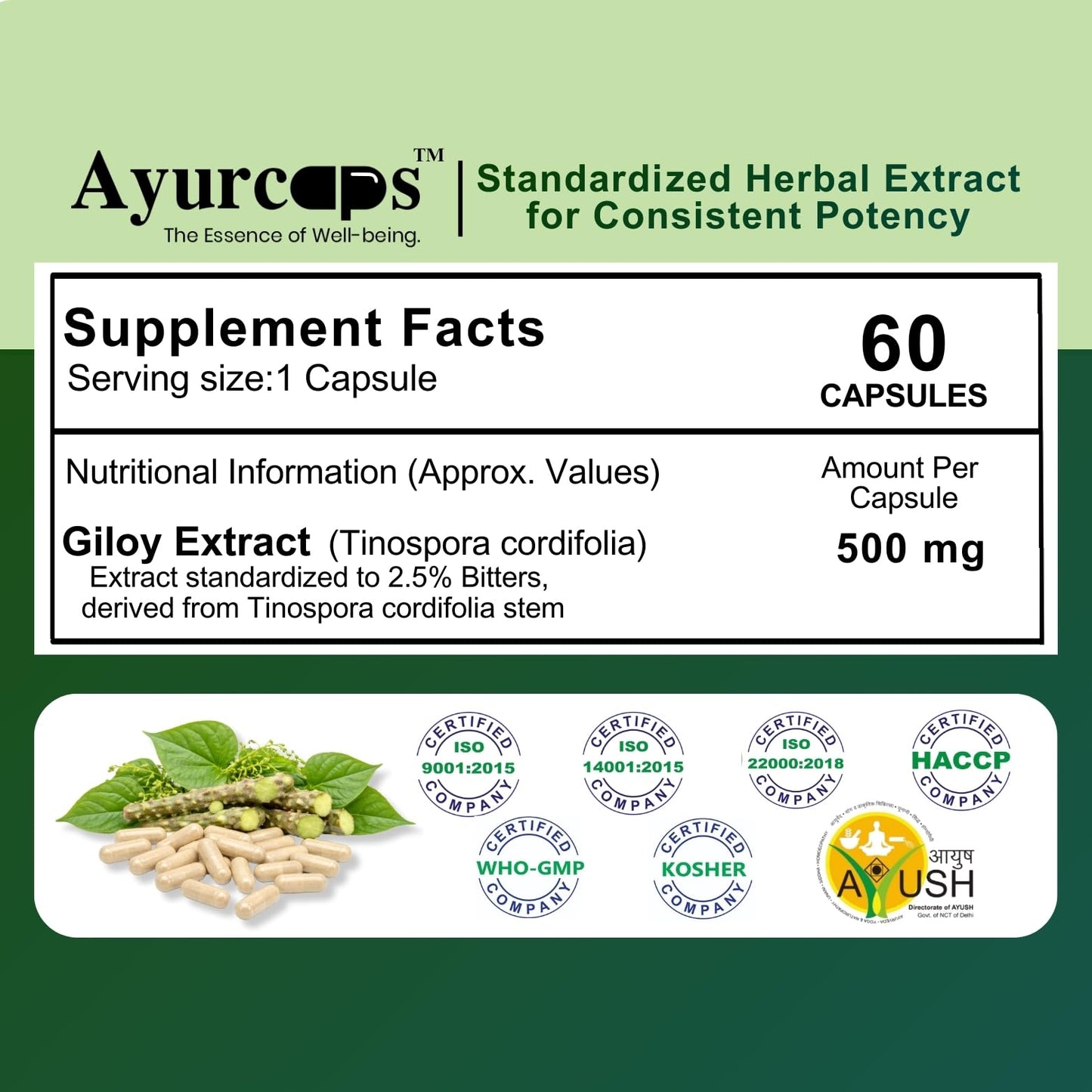 Ayurcaps Giloy 500mg 60 Veg Capsules | Guduchi Ayurvedic Herbal Supplement | Supports Immunity, Detox & Daily Wellness | Natural Antioxidant & Metabolic Support | Vegan, No Preservatives