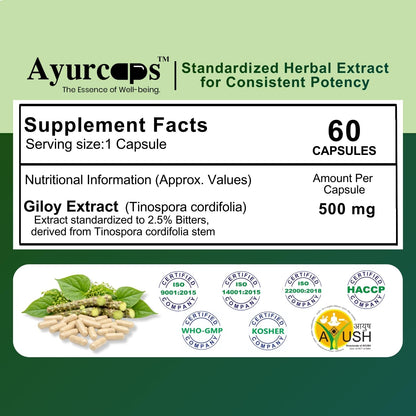 Ayurcaps Giloy 500mg 60 Veg Capsules | Guduchi Ayurvedic Herbal Supplement | Supports Immunity, Detox & Daily Wellness | Natural Antioxidant & Metabolic Support | Vegan, No Preservatives