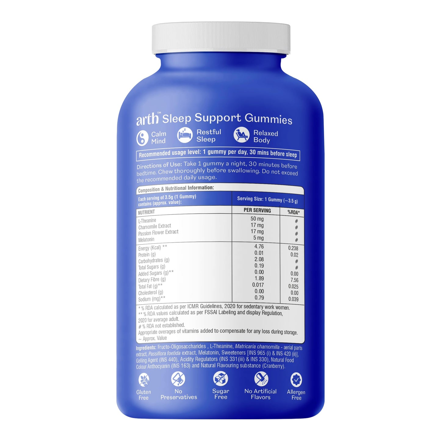 Arth 5mg Melatonin Gummies For Deep Sleep, Relaxation & Calmness -30 Sleep Gummies for Men & Women | L-Theanine, Chamomile & Passion Flower | Regulates Sleep Cycle | No Added Sugar | Cranberry Flavour