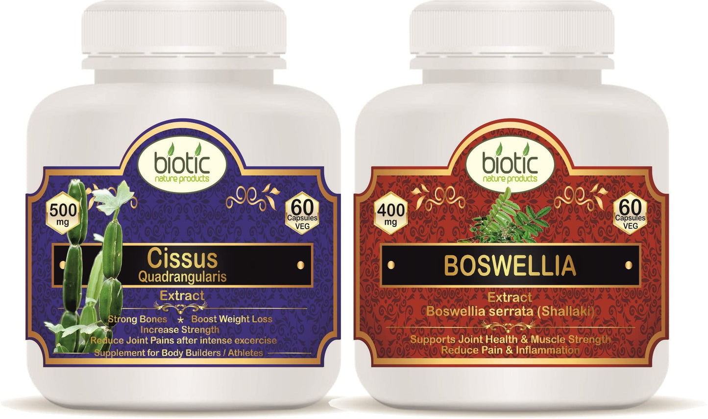 Biotic Cissus quadrangularis Extract Capsules and Boswellia Serrata Capsules (Shallaki) Extract - 120 Veg Capsules