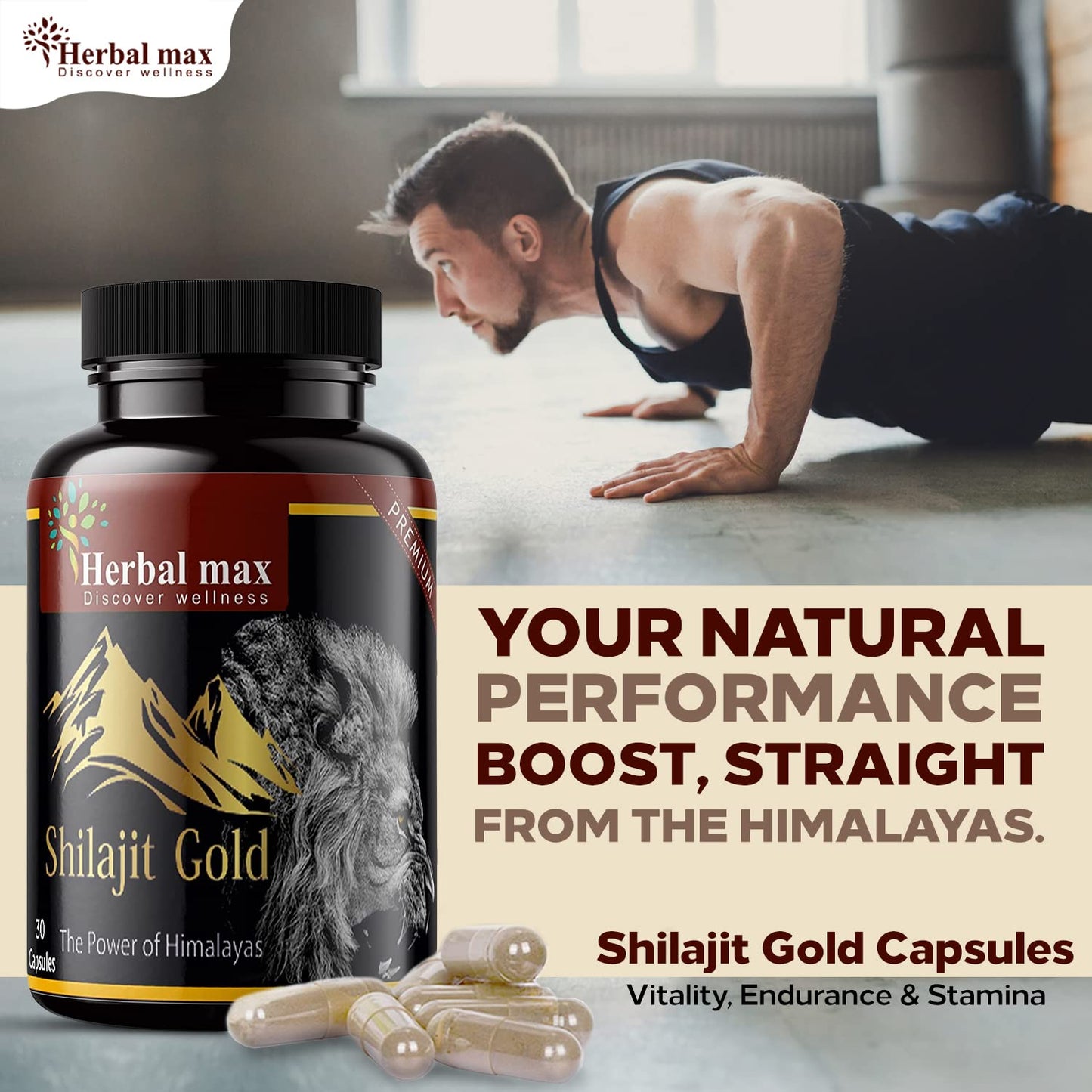 Herbal Max Himalayan Shilajit Gold – 800mg | 30 Capsules | With Ashwagandha, Safed Musli & More | Boosts Strength, Stamina, Energy & Immunity | Ayurvedic Supplement for Men