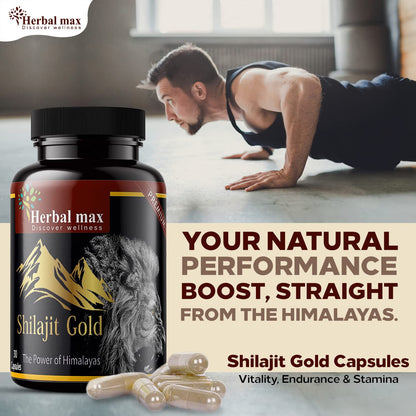 Herbal Max Himalayan Shilajit Gold – 800mg | 30 Capsules | With Ashwagandha, Safed Musli & More | Boosts Strength, Stamina, Energy & Immunity | Ayurvedic Supplement for Men