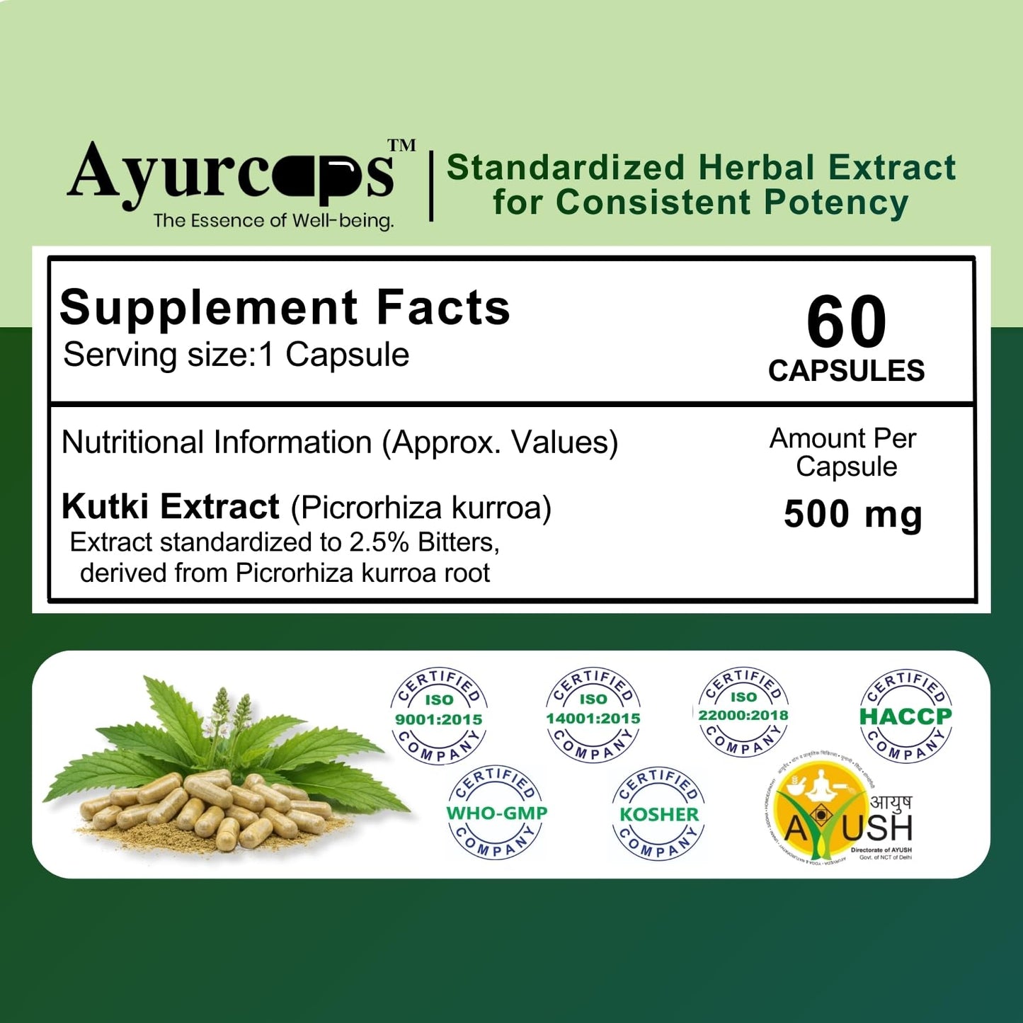 Ayurcaps Kutki 500mg Capsules | Ayurvedic Herbal Supplement For Liver And Digestive Wellness | Plant-based Extract For Daily Wellness Routine | 60 Veg Capsules (60 Count (Pack of 1))