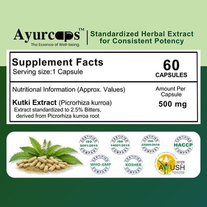 Ayurcaps Kutki 500mg Capsules | Ayurvedic Herbal Supplement For Liver And Digestive Wellness | Plant-based Extract For Daily Wellness Routine | 60 Veg Capsules (60 Count (Pack of 1))