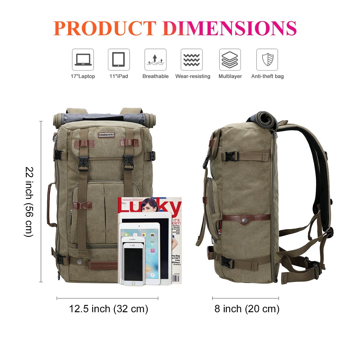 WITZMAN Canvas Backpack for Man Vintage Travel Backpack Large Laptop Backpack Convertible Shoulder Rucksack（A519-2 Army Green）