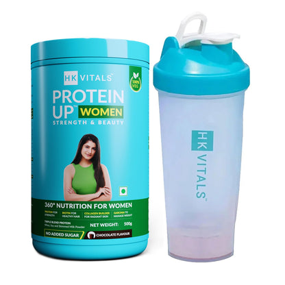 HealthKart HK Vitals ProteinUp Women (Chocolate, 500g) with Shaker, 600ml | Combo Pack | Vegetarian Protein with Soy, Whey, Collagen Builder Blend & Biotin | For Strength & Beauty