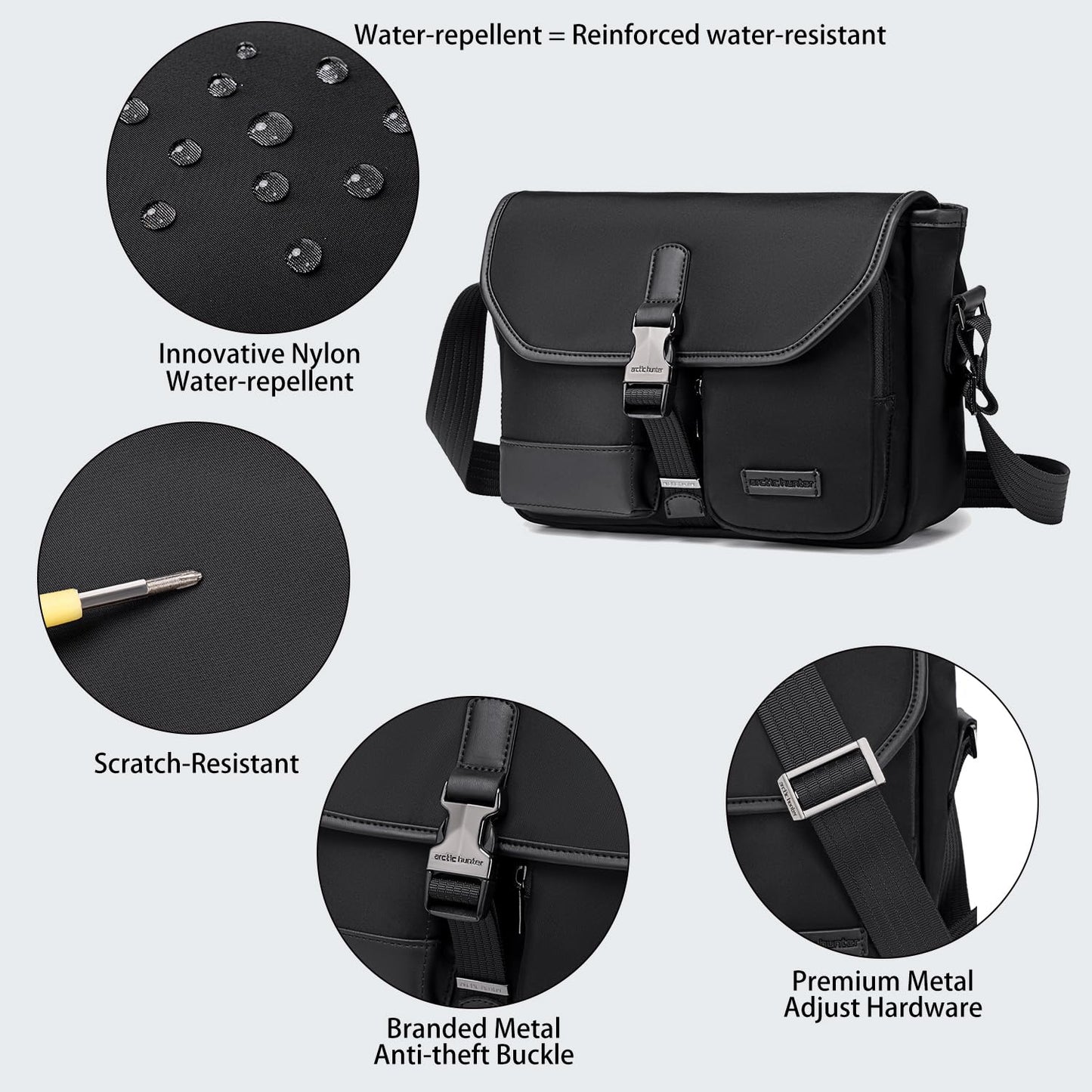 Arctic Hunter Nylon Sling Bag for Men 11" iPad Anti-Theft Stylish Side Messenger Bag Multiple Compartments Crossbody Shoulder Bag Water-repellent for Casual Daily Travel (Black)