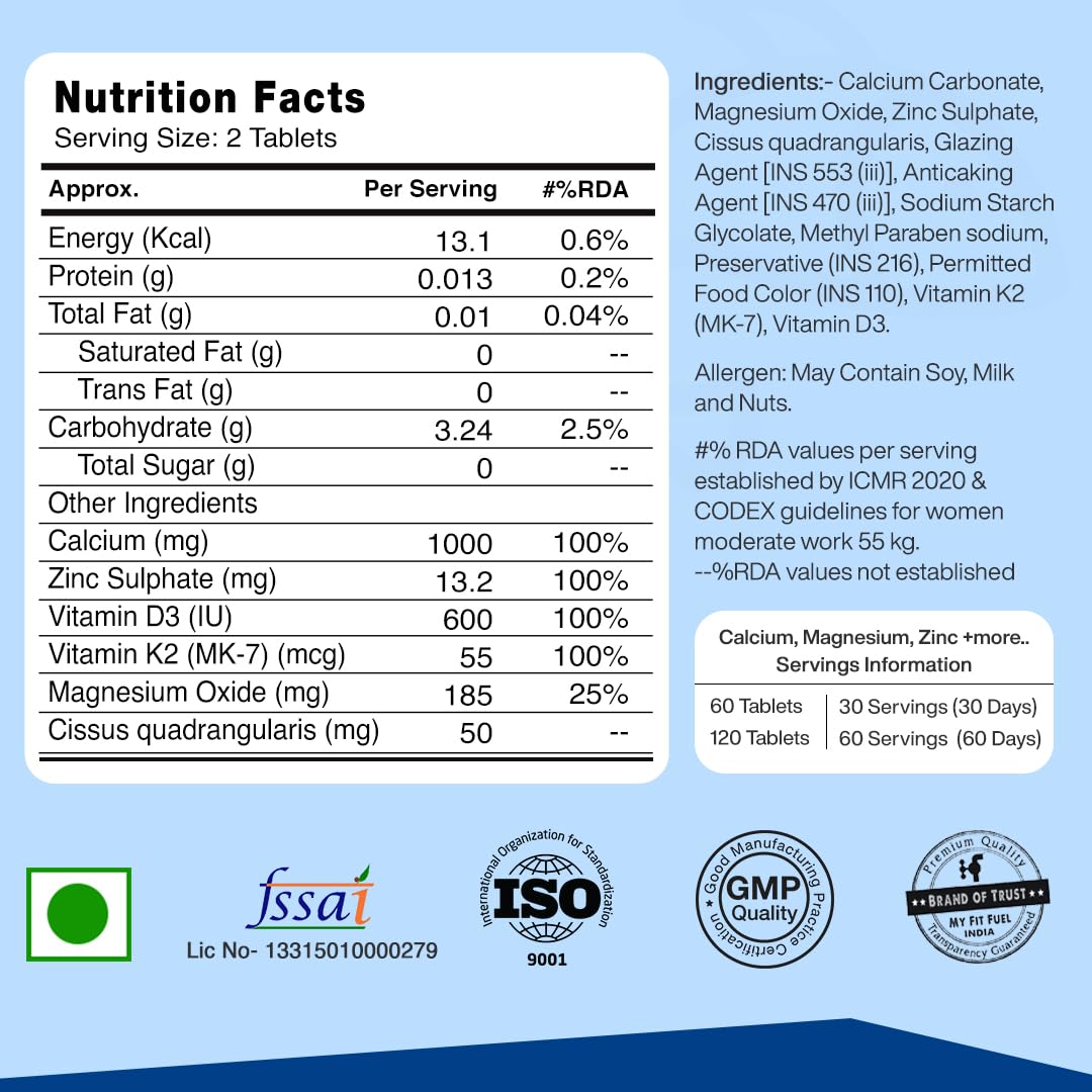 MyFitFuel Calcium & Vitamin D 3, (60 Tablets) + (K2 (MK7), Zinc, Magnesium & Cissus. Calcium For Women & Men