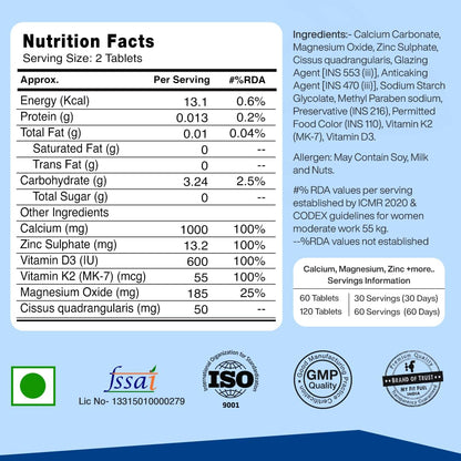 MyFitFuel Calcium & Vitamin D 3, (60 Tablets) + (K2 (MK7), Zinc, Magnesium & Cissus. Calcium For Women & Men