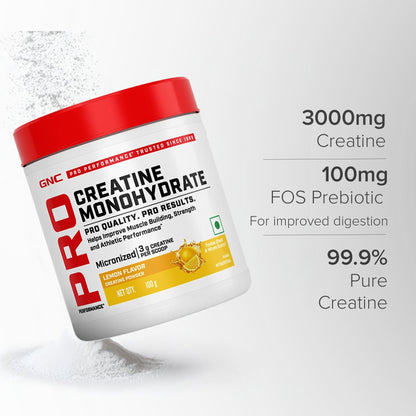 GNC Pro Performance Creatine Monohydrate - 3000mg Creatine Per Scoop | Micronized for Faster Absorption | Boosts Energy, Muscle Volume & Performance | Gluten-Free | Lemon | 100gm