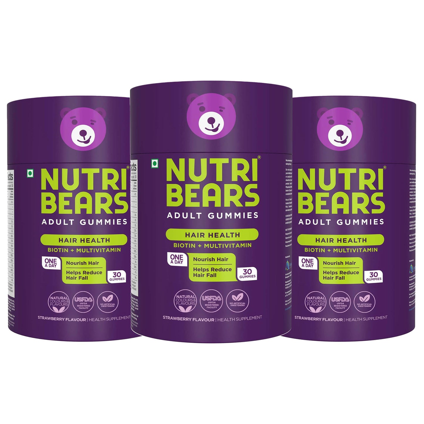 NutriBears Biotin Hair Gummies with Multivitamin, Enhance Growth and Strength, Nourishing Anti-Loss Vitamin Supplement for Thinning, Weak, or Brittle Hair, 90 Gummy Chewables, 3-Pack