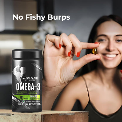 MUSCLEADIC NUTRITION Omega 3, 1000 mg Omega 3 with 360 mg EPA & 240 mg DHA, for Brain, Heart, Eyes, and Joints Health, 90 Fish Oil Capsules
