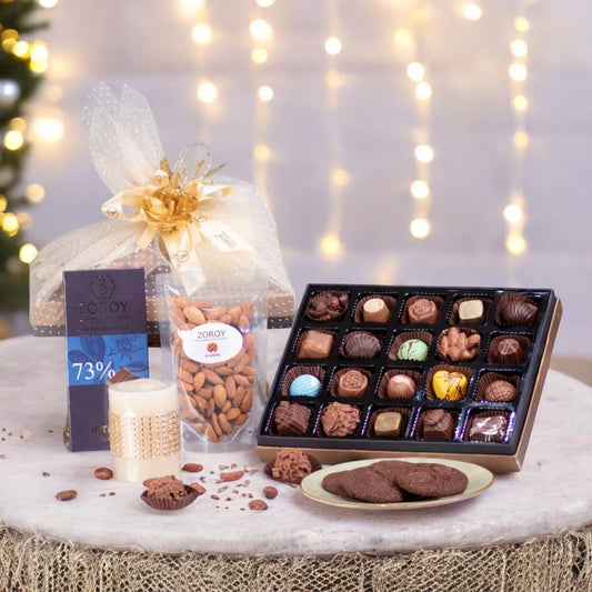 ZOROY LUXURY CHOCOLATE Gift Pack Celebrations Chocolate Gifts Box,Netted Large Hamper With Chocolates,Dry Fruits & Candle For Birthday,Corporate Gifting,Diwali,Christmas,New Year,Wedding,300 Grams