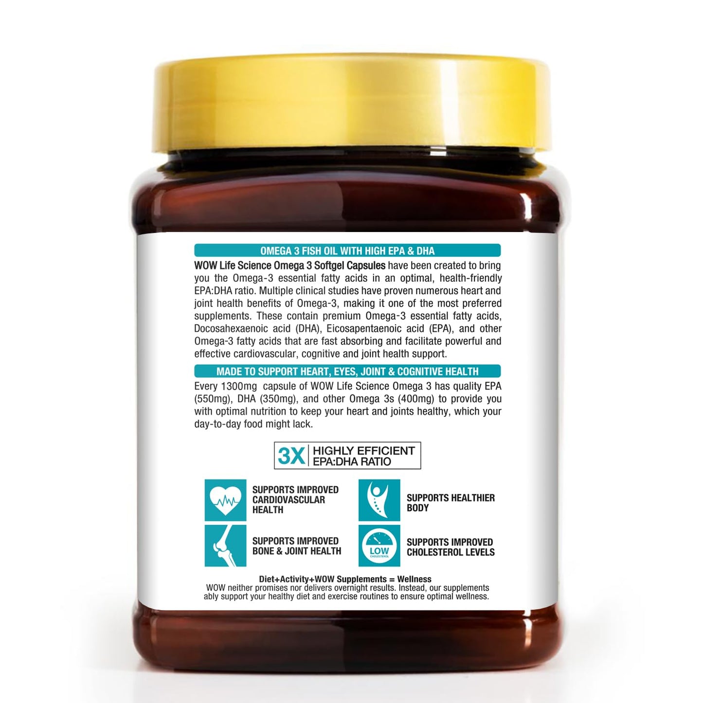 WOW Life Science Omega-3 Fish Oil 1300 mg Triple Strength - 550mg EPA & 350mg DHA for Joints, Heart & Brain Health - 180 Capsules