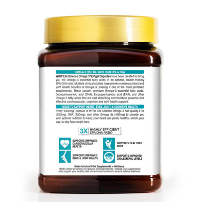 WOW Life Science Omega-3 Fish Oil 1300 mg Triple Strength - 550mg EPA & 350mg DHA for Joints, Heart & Brain Health - 180 Capsules