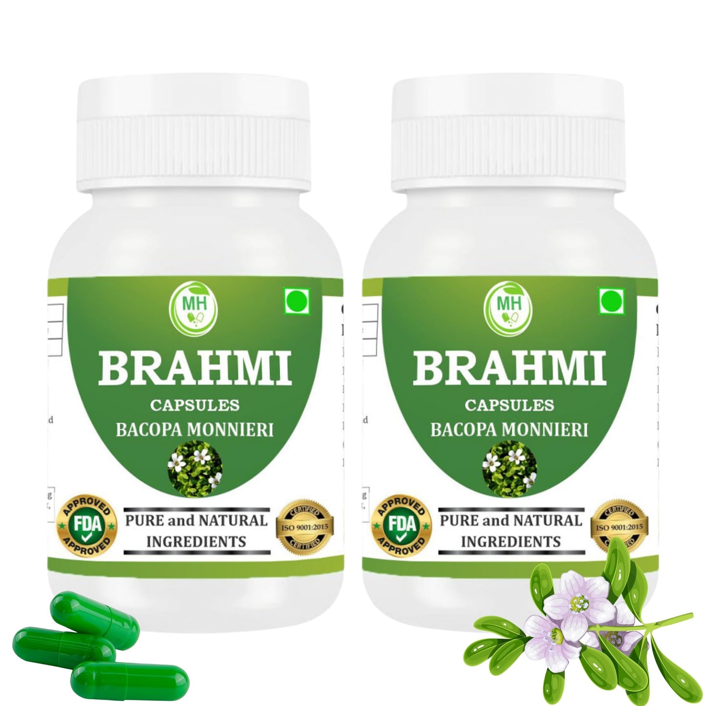 Morsan healthcare Brahmi Capsules 500 mg – 60 Veg Capsules x 2 Pack | Bacopa Monnieri | Herbal Supplement | Vegan Extract | No Additives or Preservatives, plant bsed