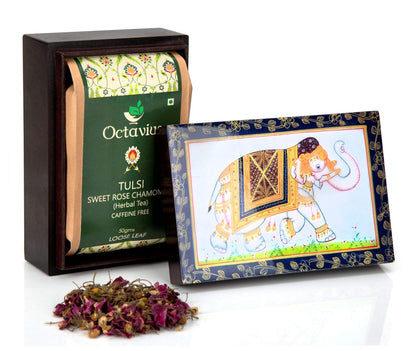 Octavius Tulsi Rose Chamomile Tisane Whole leaf tea in Darkwood Handcrafted Wooden gift box with Traditional Indian Elephant Pattern On The Lid | Caffeine Free | - 50 Gms (50 Servings)