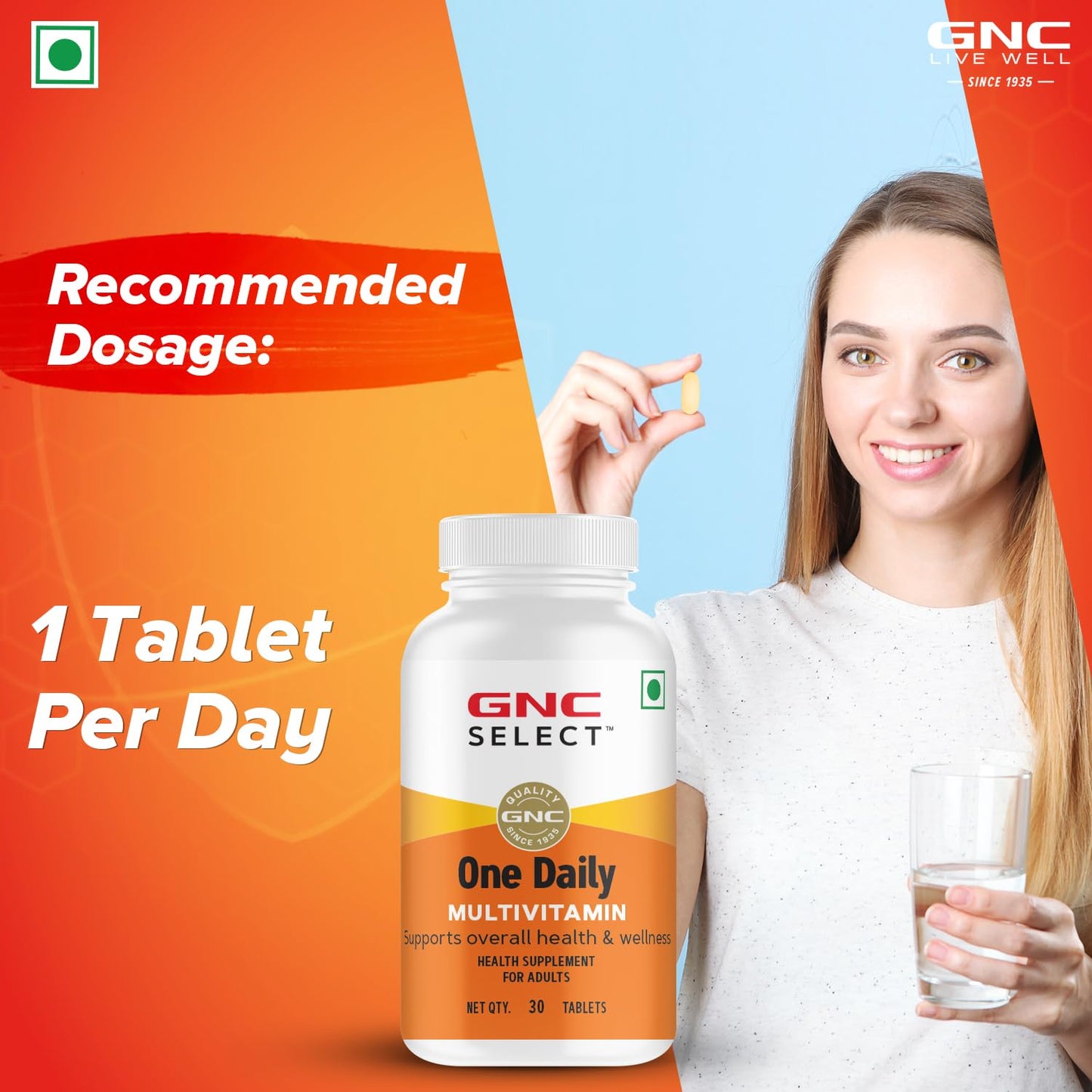 GNC One Daily Veg Multivitamins |Unisex | 30 Tablets| Supports Overall Health & Wellness | With Zinc, Copper | Vitamin B12, A, C & D3| Imported| Formulated In USA