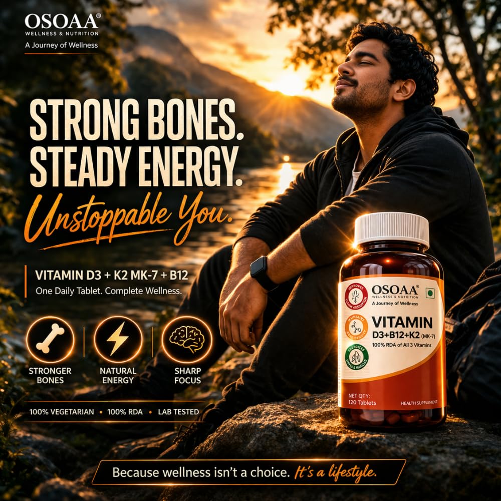OSOAA Vitamin D3 K2 MK7 Supplement - 60 Tablets | Vitamin D3 (600 IU) | Promotes Calcium Absorption, Bone Health, Muscle Strength & Immunity | Plant Based- Lichen Source