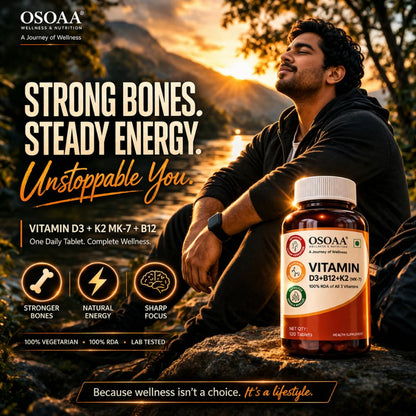 OSOAA Vitamin D3 K2 MK7 Supplement - 60 Tablets | Vitamin D3 (600 IU) | Promotes Calcium Absorption, Bone Health, Muscle Strength & Immunity | Plant Based- Lichen Source