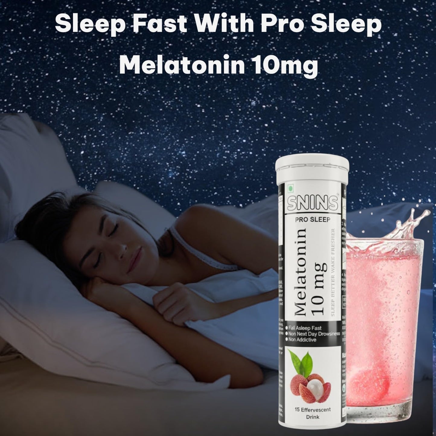 SNINS Pro Sleep 10 mg Melatonin 15 Effervescent & Stress Relief Vitamin with Ashwagandha No Added Sugar - 15 Litchi DRINK