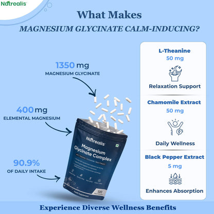 Nutrealis Magnesium Glycinate 400mg Elemental, Chelated High Absorption with L-Theanine, Chamomile & Black Pepper, Sleep Stress Muscle Support, 120 Vegan Capsules