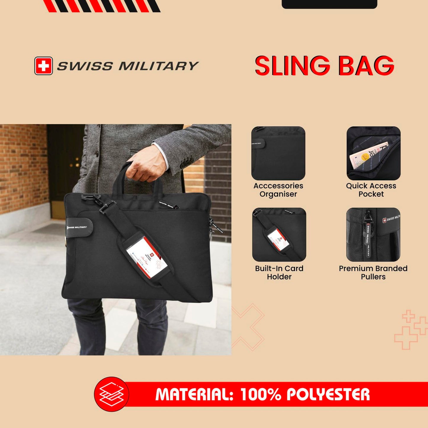 SWISS MILITARY Glide Laptop Sling Bag 3L, 15.6" Laptop Compartment Messenger Bag, Quick Access Pocket & Adjustable Strap | Travel Use Briefcase for Office Business Professional Men & Women Navy