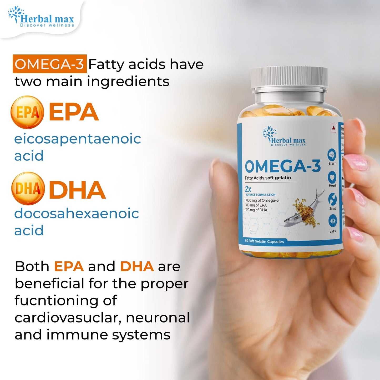 Herbal max Omega -3 Fish Oil Capsule - 60 Caps (1000mg Omega 3 with 180mg EPA & 120mg DHA)