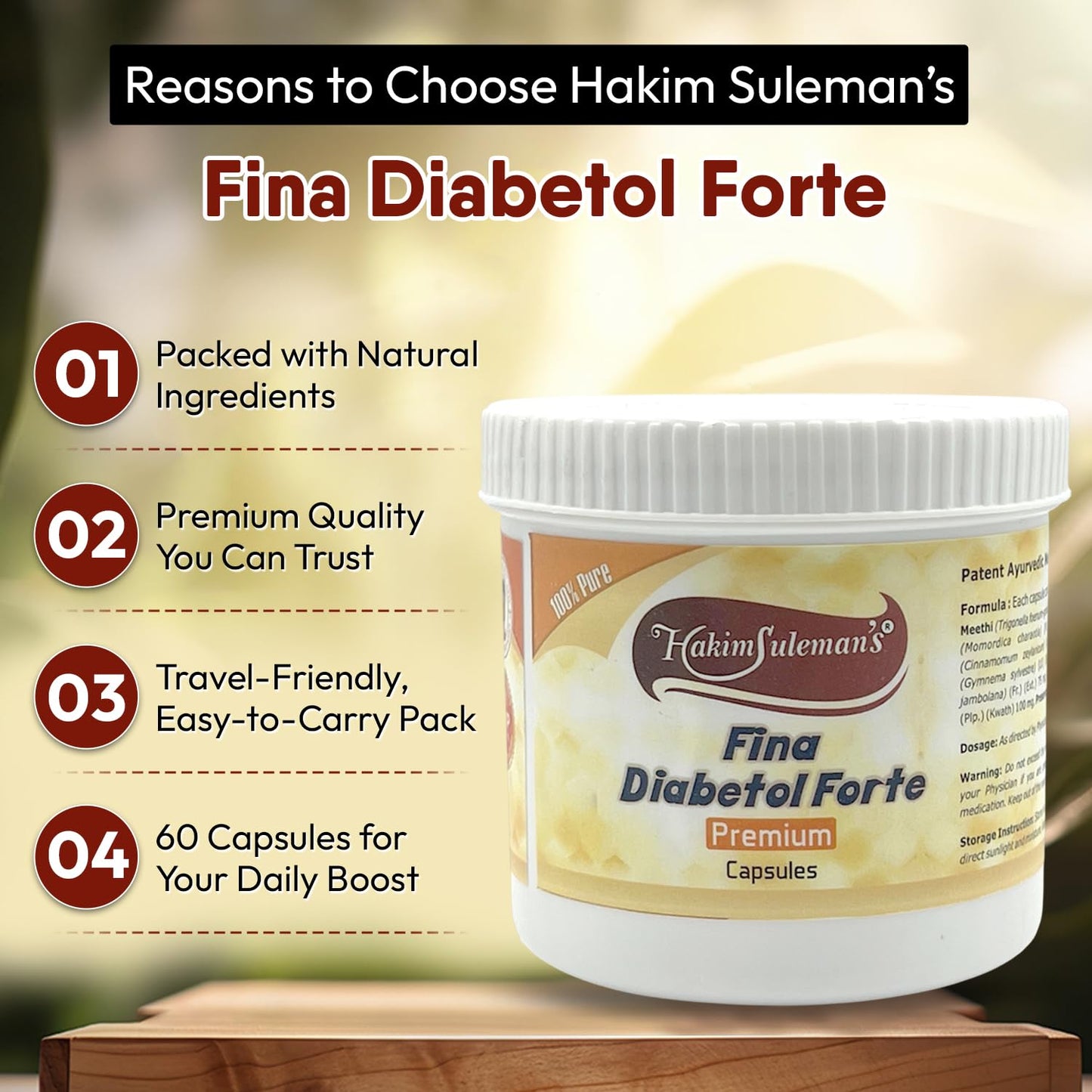 Hakim Suleman's Fina Diabetol Forte Premium Capsules – Herbal Support for Metabolism & Energy, Natural Supplement for Wellness - 60 Capsules Each (Pack of 4)