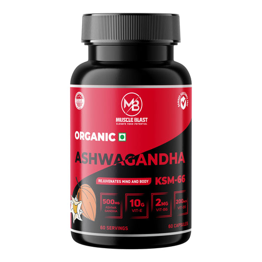 Muscle Blast Organic Ashwagandha KSM-66 Capsules 500mg with Vitamin E, B6 & B9, Supports Stress Management, Energy, Immunity & Overall Wellness, 60 Capsules
