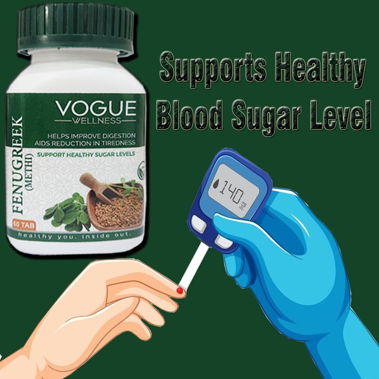 Vogue Wellness Fenugreek Tablets (Methi) | Natural Herbal Supplement for Digestive Health & Wellness | Supports Healthy Blood Sugar Levels & Hormonal Balance | 60 Tablets