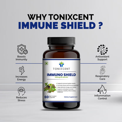 TONIXCENT ImmunoPower Recharge | Ashwagandha & ImmunoShield Capsules Combo | Stress Relief, Immunity & Energy | With Amla, Giloy, Tulsi & Adaptogens | 60+60 Veg Capsules