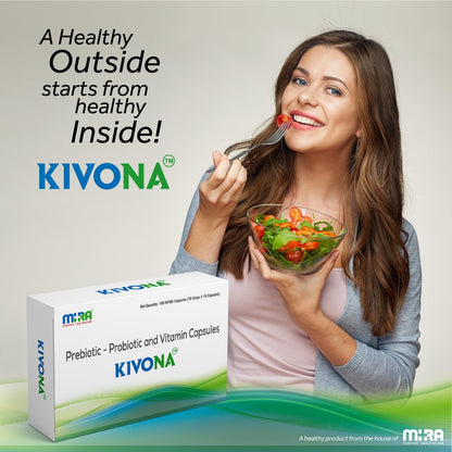 KIVONA from MIRA Healthcare. Prebiotic, Probiotic and Vitamin capsules, 1 strip of 10 capsules each